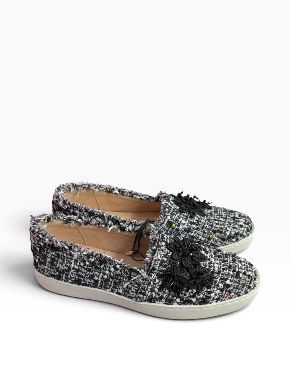 Zara NWT slip on tweed textured black white embellished sneaker shoes size 39